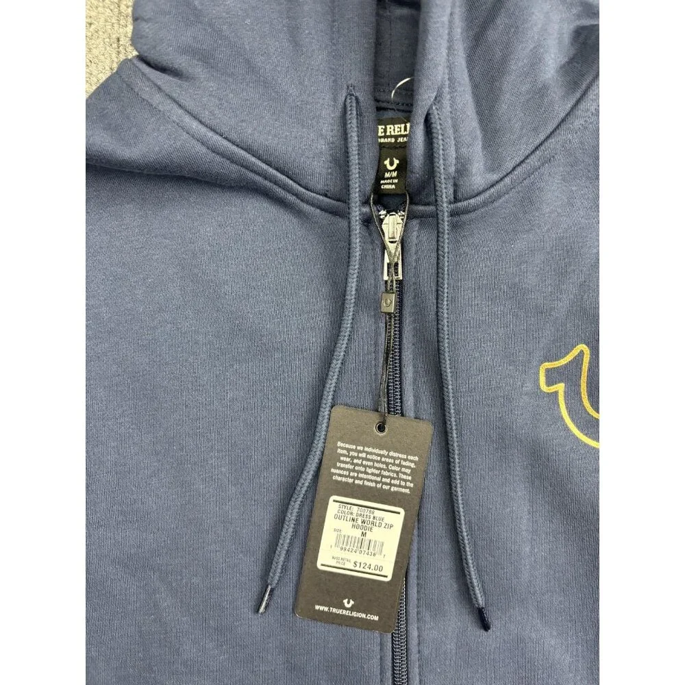 True‎ Religion Hoodie Mens Medium Blue Full Zip Fleece Sweatshirt World Tour